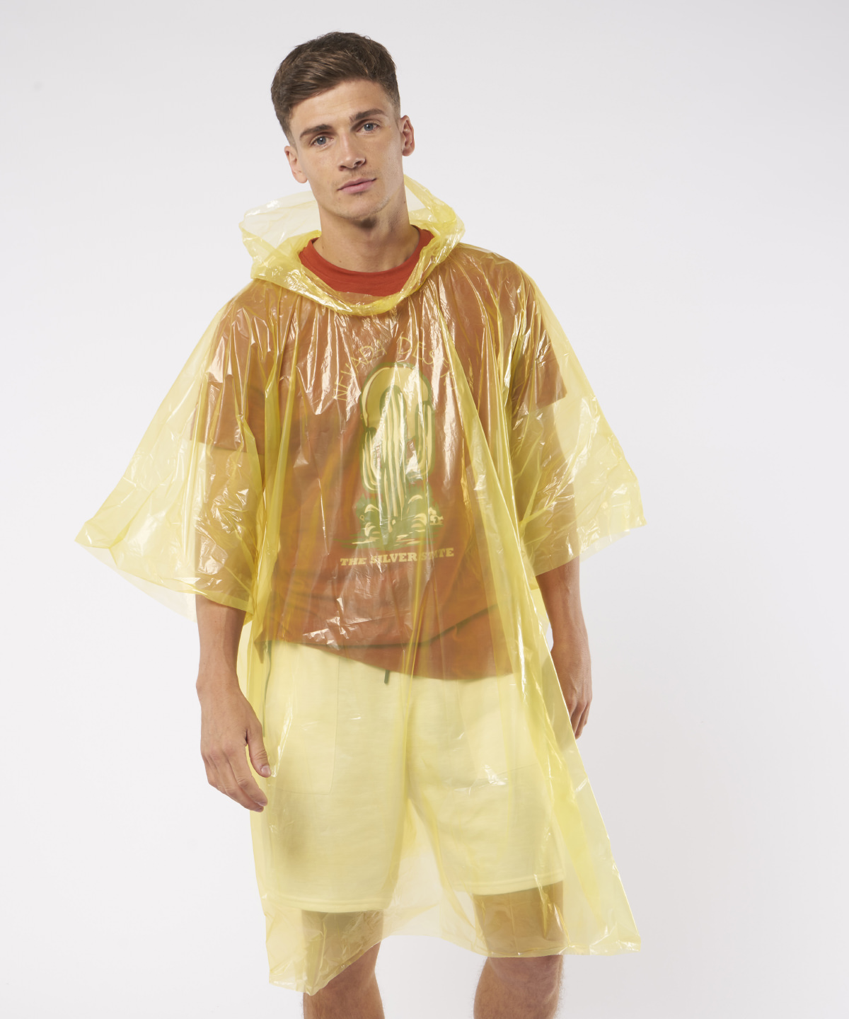 Emergency hooded plastic poncho